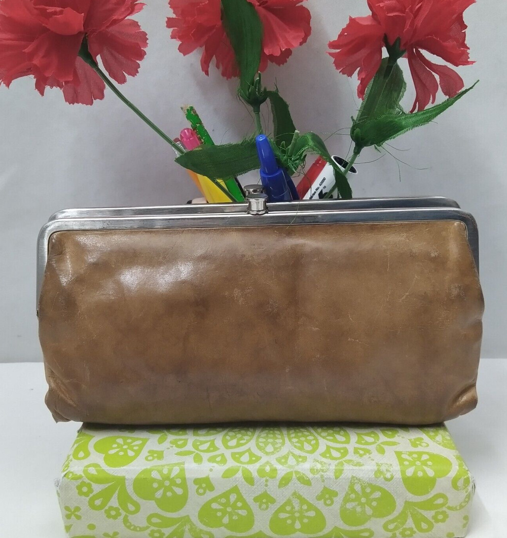 HOBO International Brown Leather Double Kisslock Framed ID Window Bifold Wallet